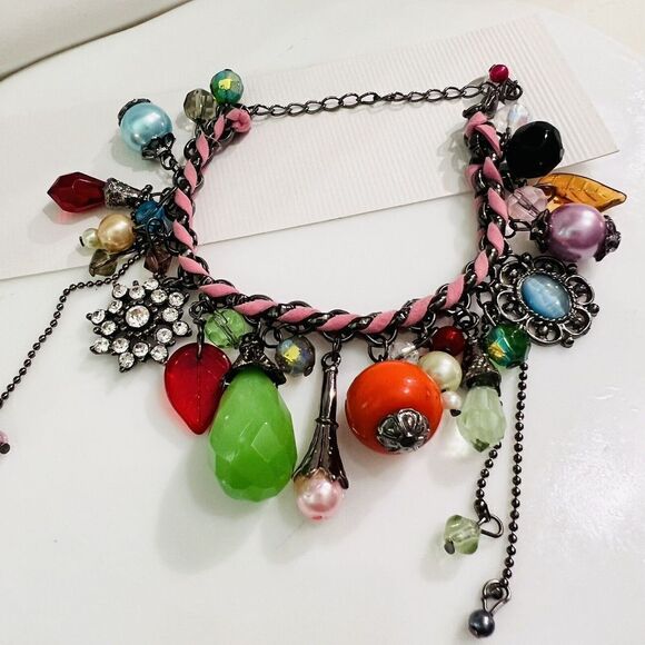 Art Glass Dangle Charm Bracelet Faux Pearl Leather Rhinestone Dangle Green Orang - Picture 1 of 9